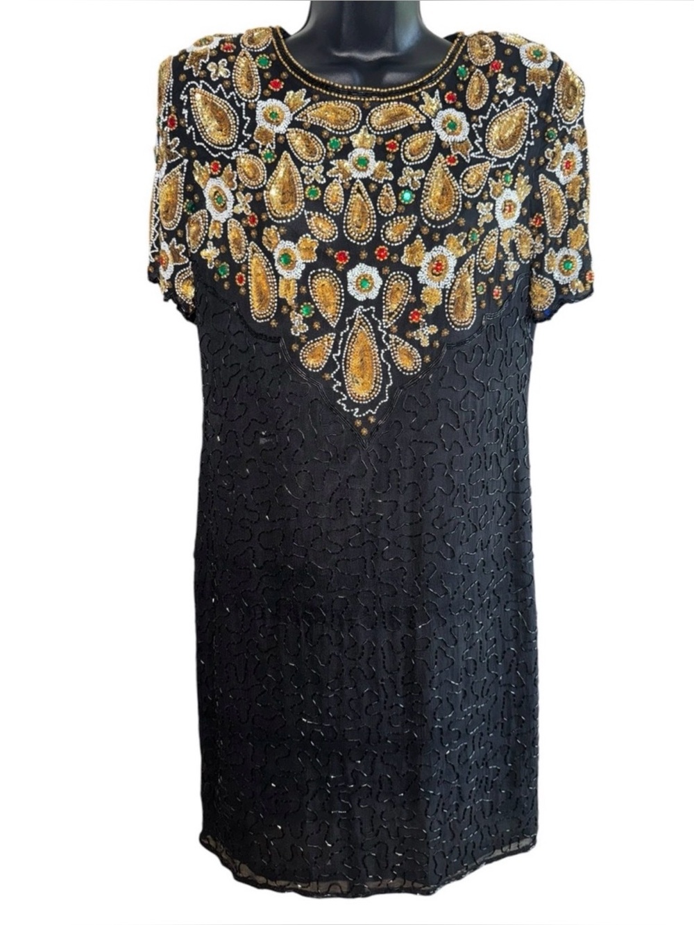 Vintage Sweelo Silk Beaded Sequin Cocktail Party Dress Black Gold Large - Picture 2 of 8